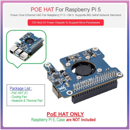 Power Over Ethernet PoE HAT (F) For Raspberry Pi 5 / CM 5 with Onboard Cooling Fan and Metal Heatsink